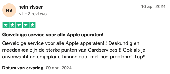 Geweldige service voor alle Apple apparaten!!! Deskundig en meedenken zijn de sterke punten van Cardservices!!! Ook als je onverwacht en ongepland binnenloopt met een probleem! Top!!