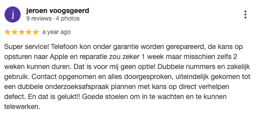 Super service! Telefoon kon onder garantie worden gerepareerd, de kans op opsturen naar Apple en reparatie zou zeker 1 week maar misschien zelfs 2 weken kunnen duren. Dat is voor mij geen optie! Dubbele nummers en zakelijk gebruik. Contact opgenomen en alles doorgesproken, uiteindelijk gekomen tot een dubbele onderzoeksafspraak plannen met kans op direct verhelpen defect. En dat is gelukt!! Goede stoelen om in te wachten en te kunnen telewerken.